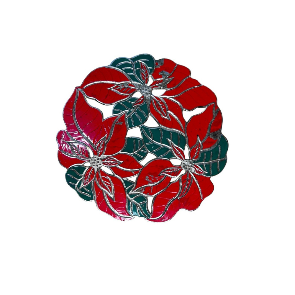 Vintage Oneida Poinsettia Trivet Red Green Silver Tone 8.5” Tarnish Resistant